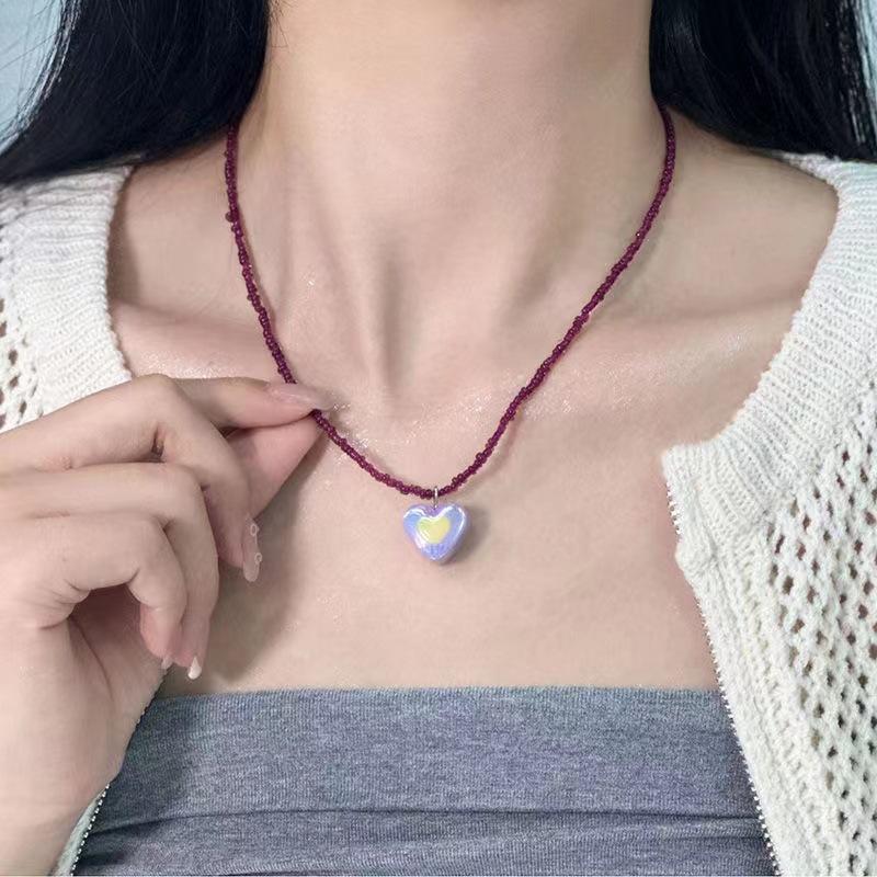Red Big Apple Shape Pendant Necklace Simple Transparent Glass Puffy Love Apple Beaded Crystalchain Necklace