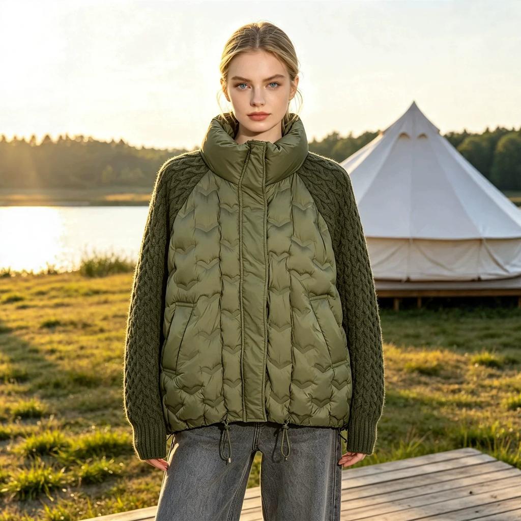 Winter new knitted sleeved down jacket women's loose and versatile thickened warm stand-up collar women's embossed jacket