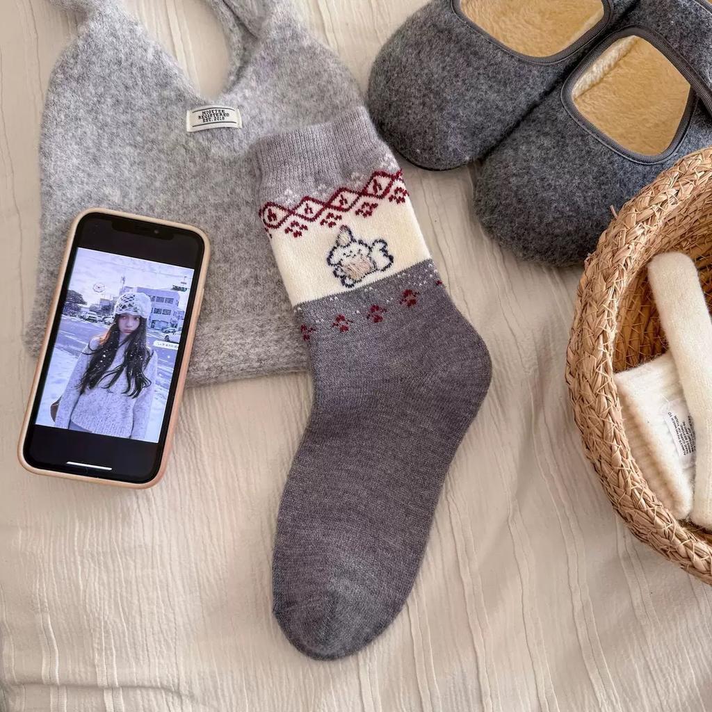 Cartoon Wool Socks Children'S Tube Socks Season Thickened Warm Flocking Retro Puppy Stockings