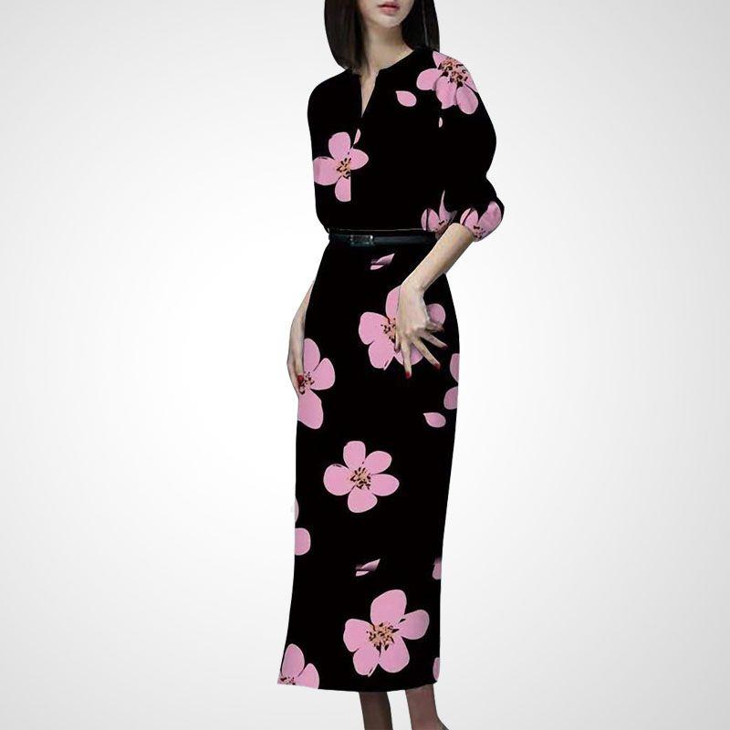 

Платье с V-образным вырезом, длинным рукавом, осеннее, стройнящее, облегающего кроя, облегающее бедра и черное Red India S