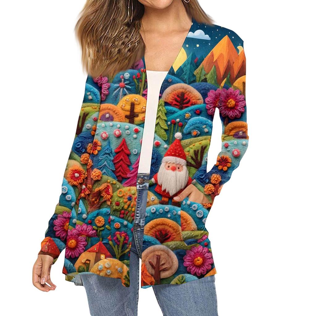 Dámský módní vánoční potisk dlouhý rukáv kapsy slim fit kardigan kabát