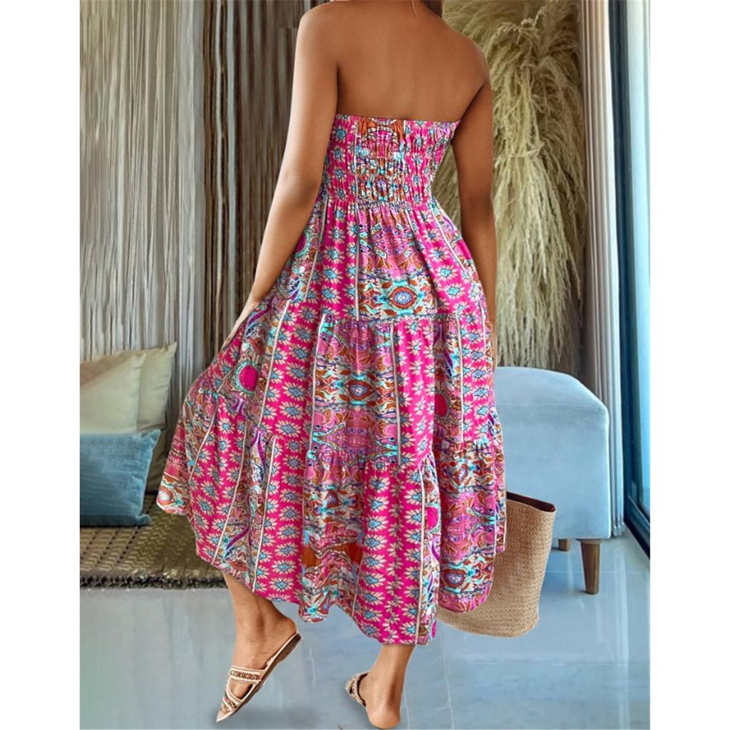 Sommer Neu Böhmischer Urlaubsstil Mehrfarbiger Druck Süßes Bustierkleid Große Schwingkleider für Frauen