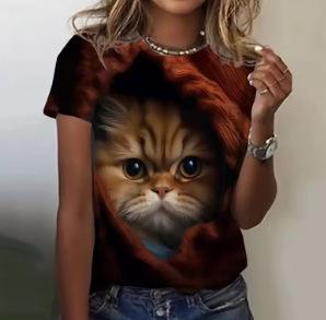 Fashion Women's T-Shirt Printed Kawaii Cat Pattern Short Sleeve Crew Neck Top Summer Outdoor Casual Street