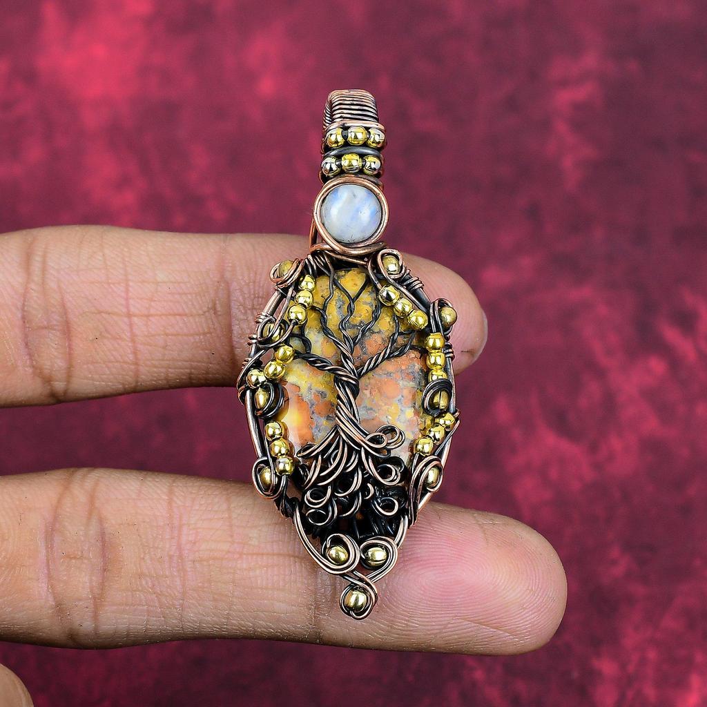 Tree of life maligano jasper pendant copper wire wrapped gemstone jewelry rainbow moonstone pendant handmade unique pendant anniversary gift