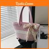 Elegant Handheld Woven Bucket Bag For Women In Gray Pink And Khaki With Casual Appeal