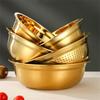 2Pcs/Set Rice Sieve Strainer Stainless Steel Golden Drain Basket Multifunctional Egg Flour Mixing Bowl Kitchen Fruit Soup Basin