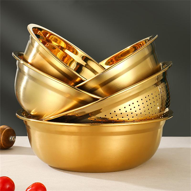 2Pcs/Set Rice Sieve Strainer Stainless Steel Golden Drain Basket Multifunctional Egg Flour Mixing Bowl Kitchen Fruit Soup Basin