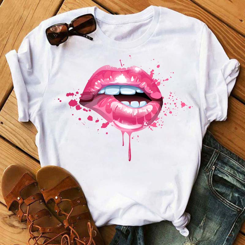 New Unisex Pink Lips Leopard Graphic T Shirt Casual Fahion Oneck Sexy Black Tees Kiss Lip Funny Girls Tshirtdrop Shipping