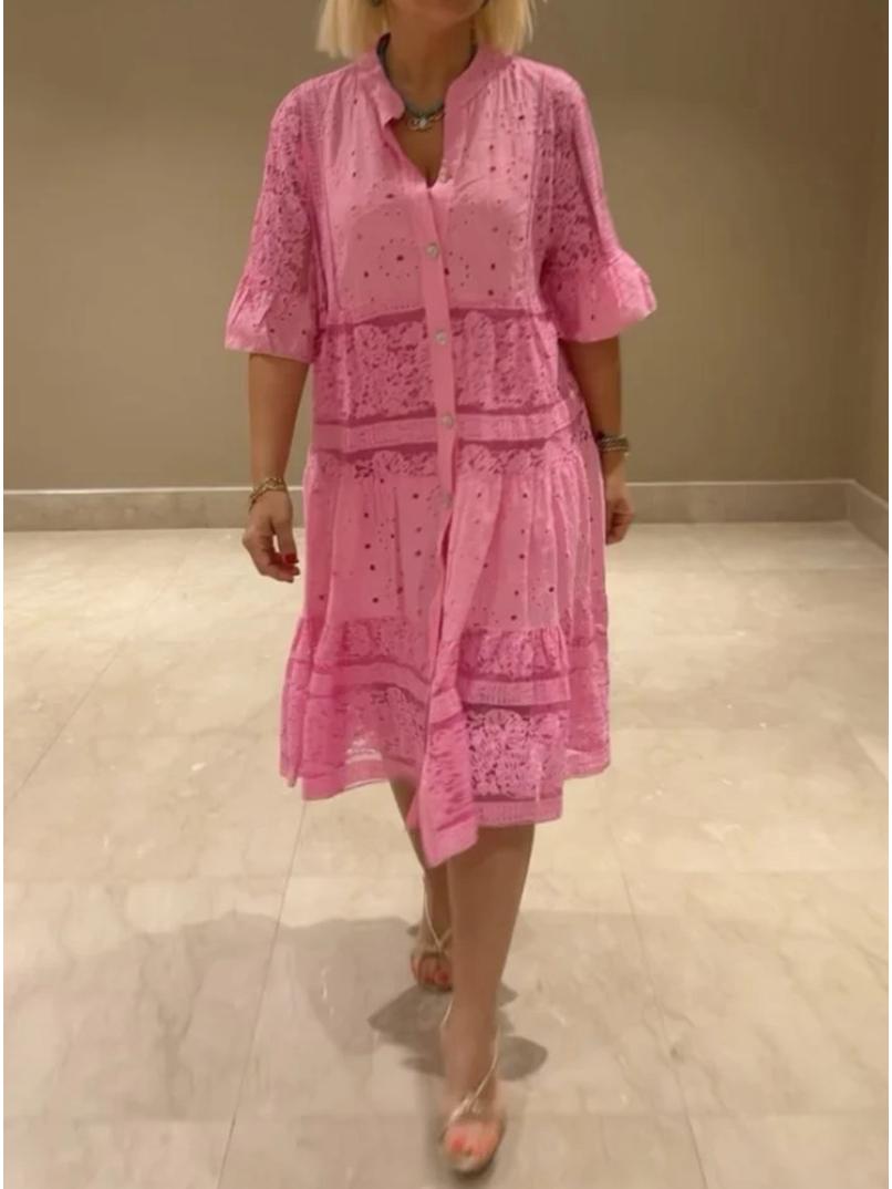 

Летнее однотонное кружевное платье с V-образным вырезом и пуговичной вставкой для женщин 3XL розовый