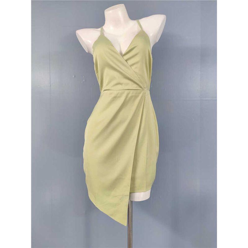

Export Lu s Sling Graceful and Fashionable Elegant V-neck Smooth Fabric Waist Trimming Short Asymmetrical White Dress Grass Green L