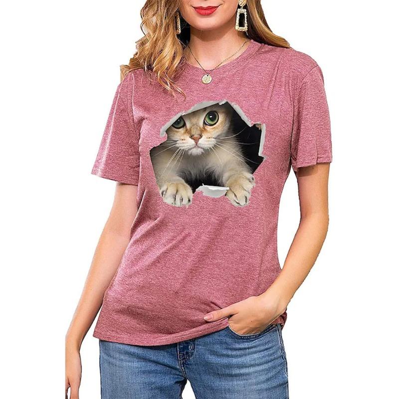 Ladies' V-neck T-shirt 3D Digital Printing Cute Cat Fashion Short Sleeved Casual Breathable Quick Drying Clothes