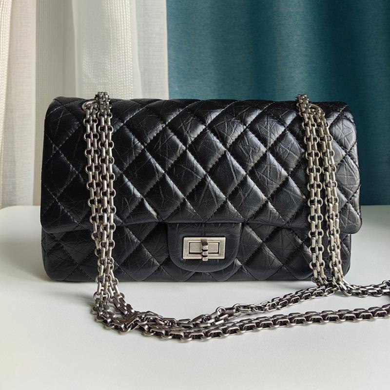 Rhombus chain leather women's bag personalized burst pattern first layer cowhide high-end commuting shoulder messenger bag