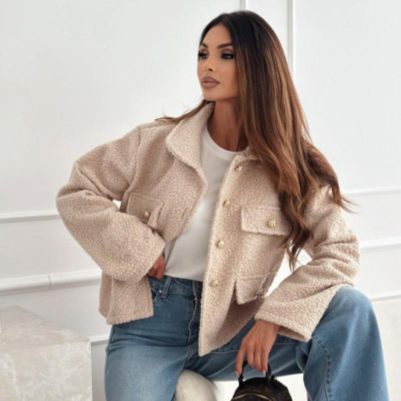 Autumn Winter Turn Down Collar Plus Size Women's Jacket Long Sleeve Fashion Casual Woolen Coats Women Elegant Vintage Solid Loose Short Jackets 24999