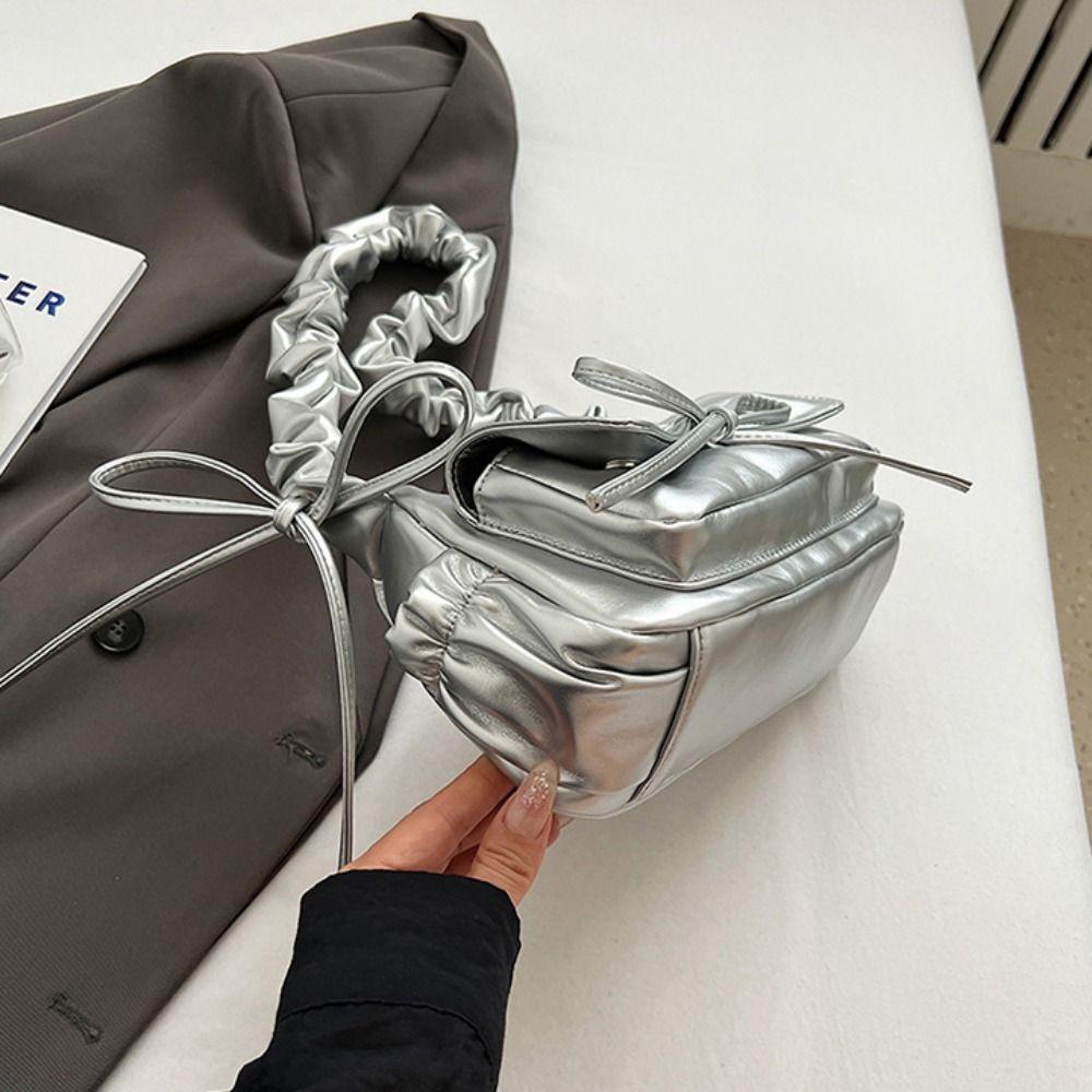 Ruched Bowknot Shoulder Bag Pu Leather Crossbody Bag Elegant Bow Underarm Bag  Women