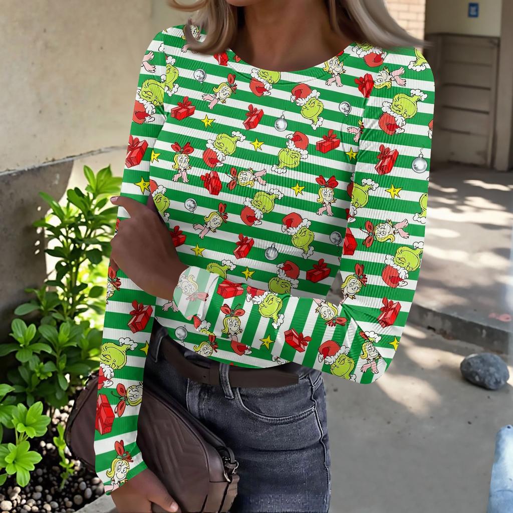Women's Slim Fit Long Sleeve T-Shirt with Christmas Graphic Print Neck Pullover Top