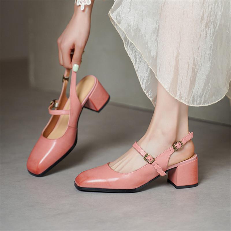 Fashion New Summer Sandals Genuine Leather Sandals for Women Fashion Square Toe High Heels Cover Toe Sandals Ladies Shoes Casual Shoes