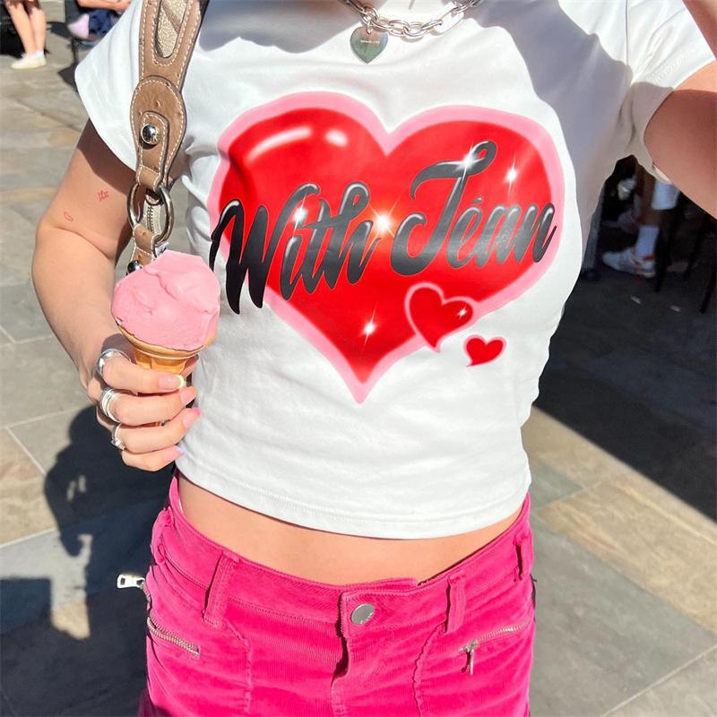 European, American English slogans Printed sexy exposed navel short T-shirt fashionable round neck slim slim top women's multi-picture