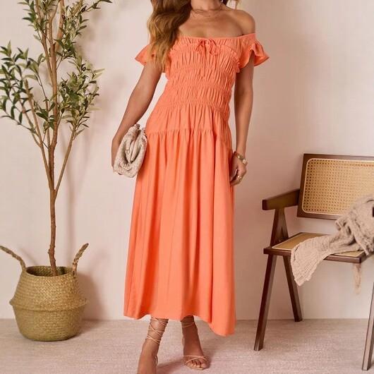 Summer new European and American off-shoulder orange dress with ruffled hem waist for slimming mid-length vacation dresses