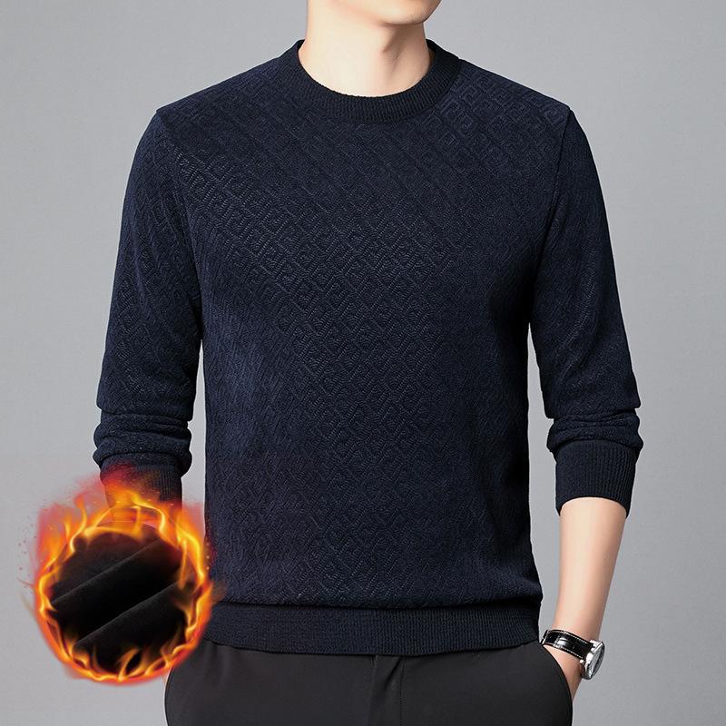 Winter Young and Middle-aged Men's Sweater with Velvet and Thickened Round Neck Warm Top, Fashionable and Versatile Solid Color Twist Pattern