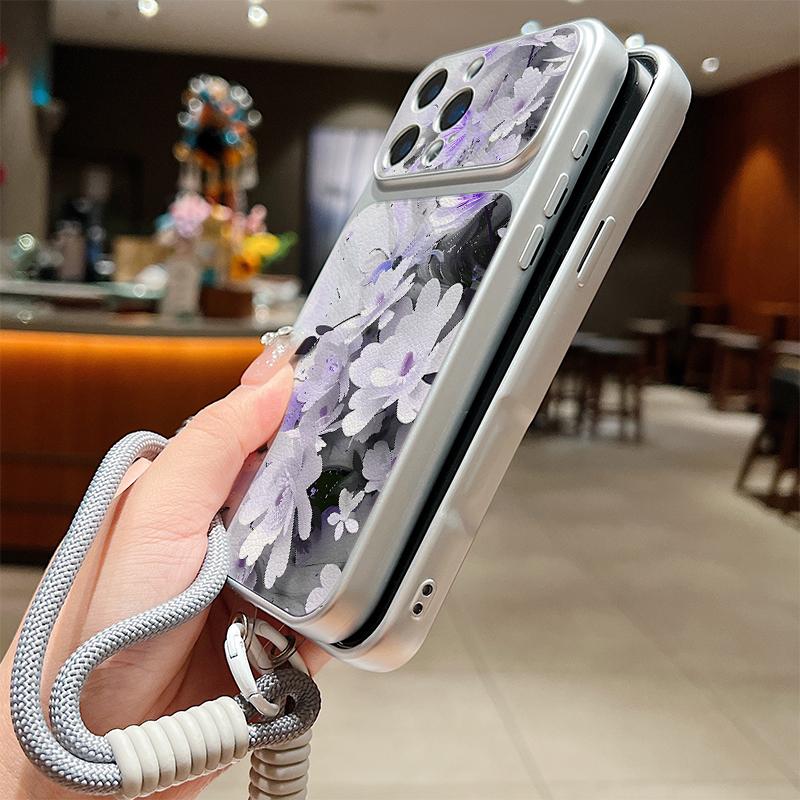 INS Watercolor Floral Leather Lanyard Case For iPhone 18 Pro Max 17 16 15 14 13 Pro Max Luxury Hybrid TPU+PU Anti-skid Soft Phone Cover