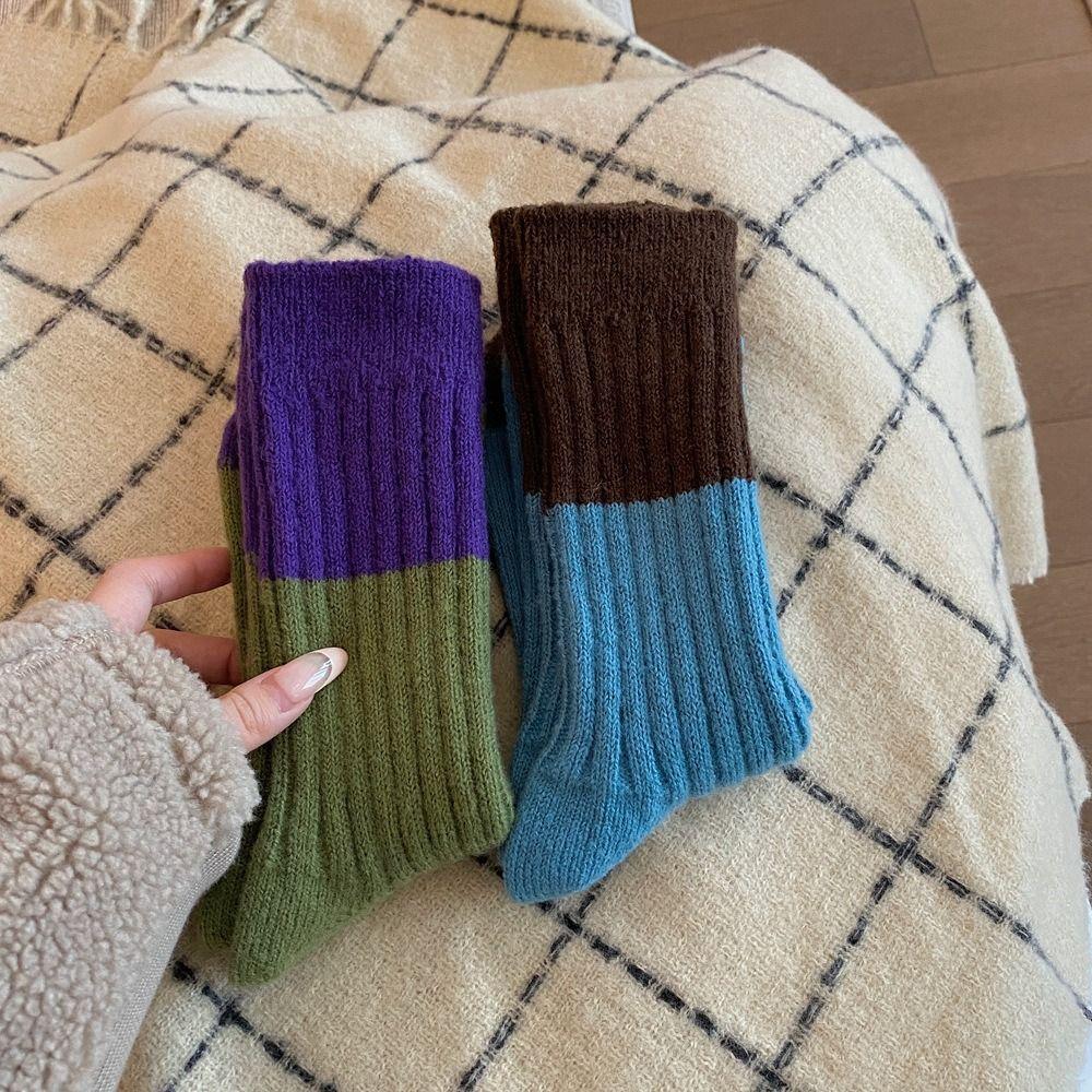 Colour Blocking Mid-Calf Wool Socks Retro Outdoor Wear Short Socks Mid Tube Socks Autumn Winter