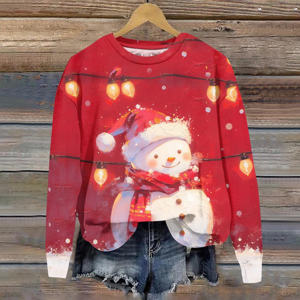 Ladies' Christmas Printed Long Sleeved Round Neck Hoodie Loose Top