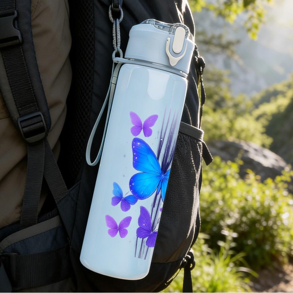 1PC Purple Butterfly Colorful Wings 750ml Color Plastic Sports Water Bottle Leakproof Flip Straw Lid Suitable for Sports Office Home Use