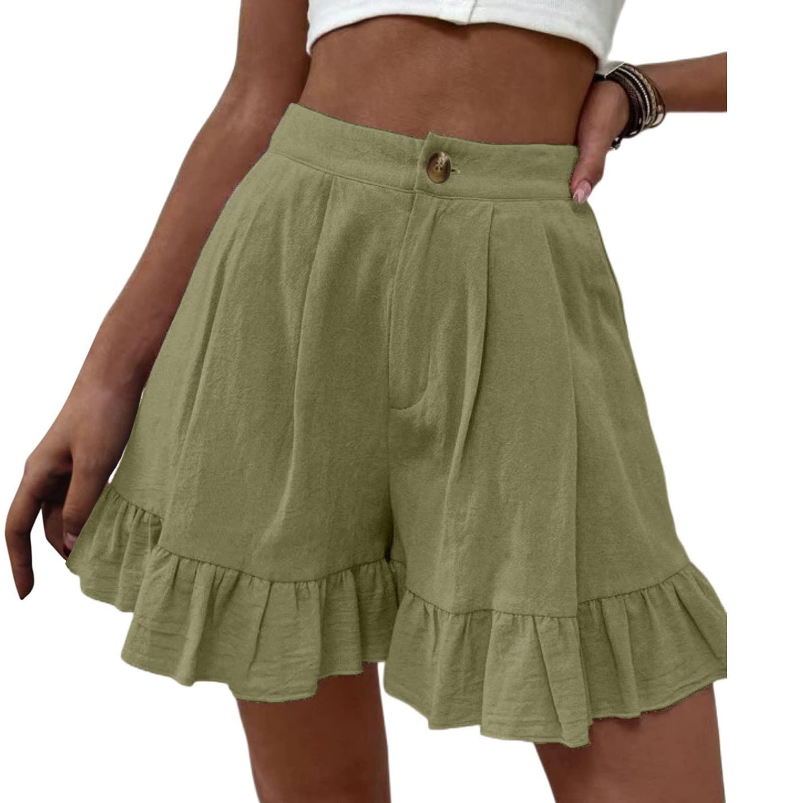 

Women s Fashionable Loose-Fit Cotton-Linen Blend Casual Shorts With Pockets -Color Ruffled Wide-Leg Pants M