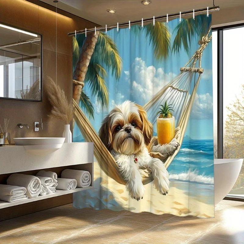 1Pc Shih Tzu Dog Shower Curtain - White & Brown, Hammock On Tropical Beach, Palm Trees & Ocean, 70.8X70.8", Polyester, Washable
