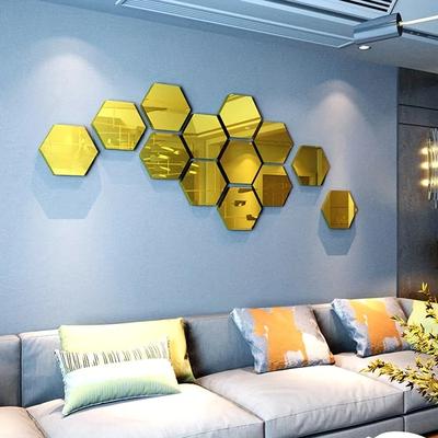 12Pcs Hexagon Acrylic Mirror 3D Wall Sticker Mirror Home Decoration DIY Removable Mirror for Living-Room Art Ornaments