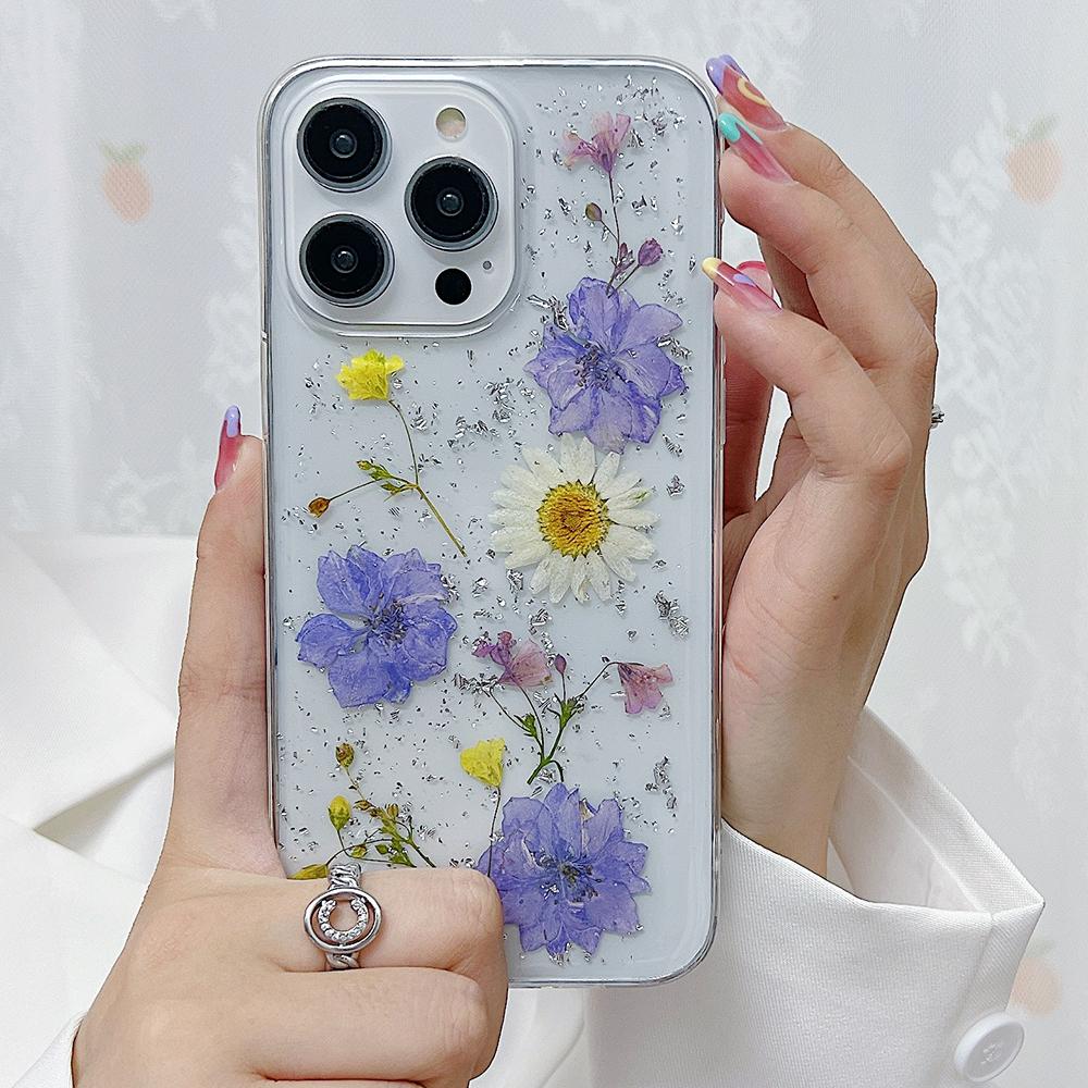 

Dried Flower Silver foil Phone Cases For iPhone 17 16 15 14 13 12 11 Pro Max XS Max XR X 7 8 Plus Soft Silicone Cover iPhone Air