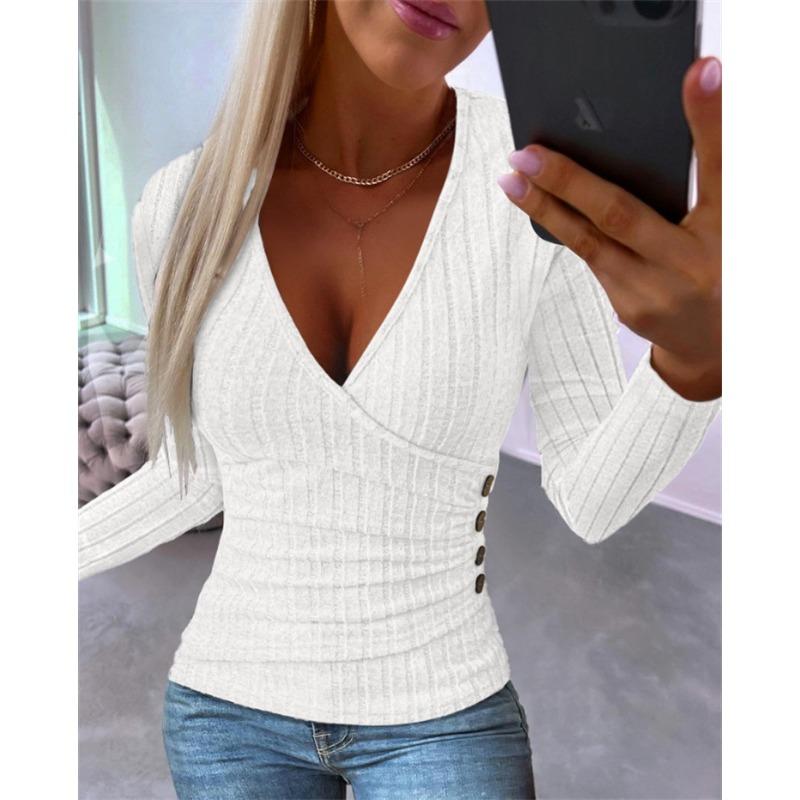 Autumn New Style Pit Button Knitted Pullover V-neck Slim Long-sleeved T-shirt for Women