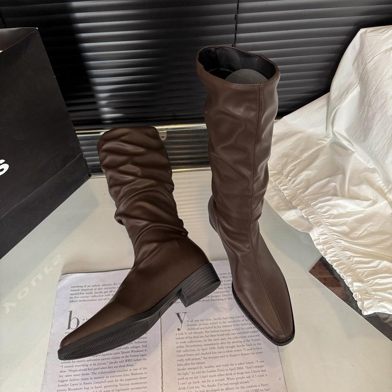 Pile boots women's boots 2025 new spring and autumn retro but knee thin solid color thick heel knight boots