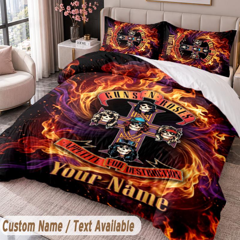 Guns N’ Roses Printed Bedding Set Custom Name Text 1 Duvet Cover 2 Pillowcases For Bedroom