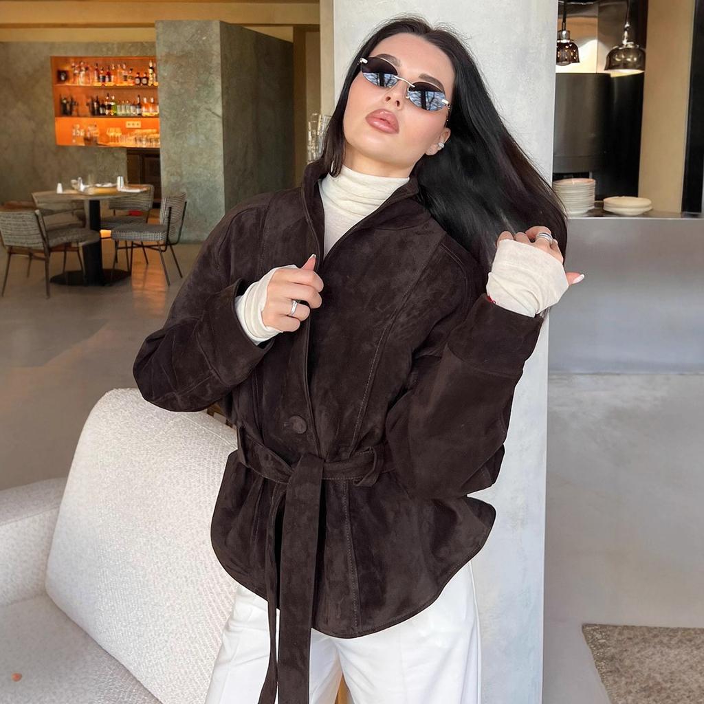 Autumn and winter Maillard retro suede waist short jacket Korean high-end light and familiar windproof leather jacket women