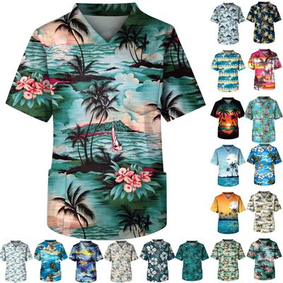 Men's Short Sleeve V-Neck Summer Print Chest Pocket Care Worker Top