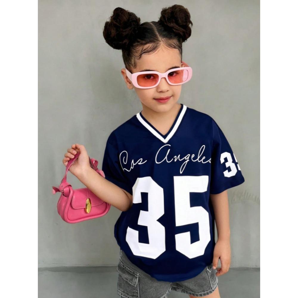Girls Casual Sports Style Los Angeles NO.35 Pattern Color Block Print Short Sleeve V-Neck Women's Children T-shirt Tops