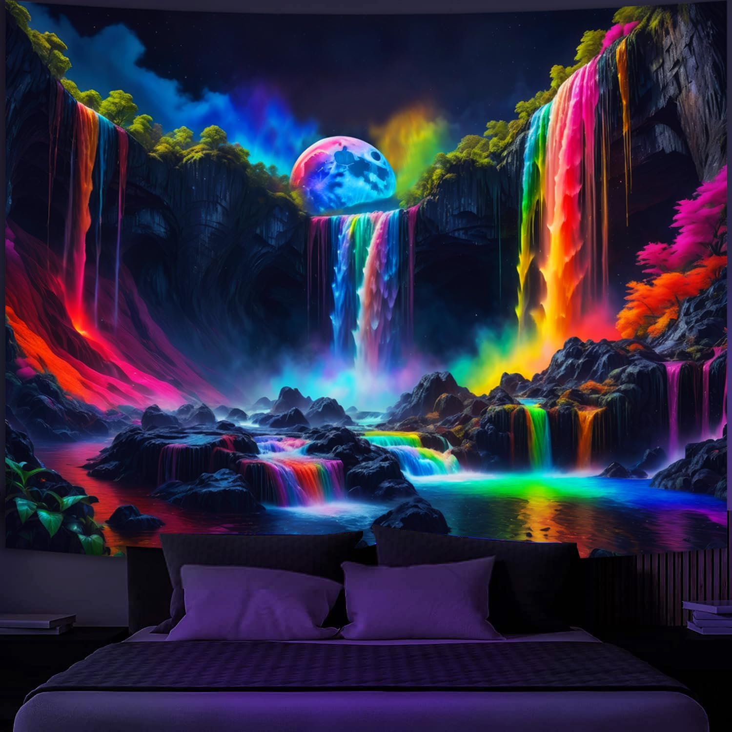 Simpkeely Blacklight Fantasy Waterfall Planet Tapestry UV Reactive Nature Tapestries Neon Landscape Mountain Wave Tapestry Wall Hanging - 150 x 130cme 100X70CM