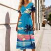 Women V Neck Short Sleeve Casual Dress Hawaiian Print Elastic Waist Midi Length Summer Beach Dress