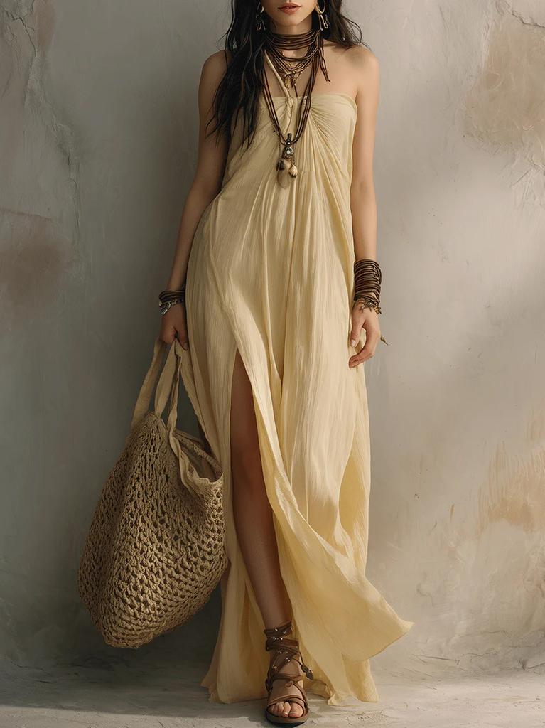Vestido Maxi Boho Feminino Tomara-que-caia Tubinho Fenda Solto Casual Férias Longo de Praia