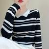 Korean Lapel Striped Long-sleeved Sweater for Women Casual Inner Bottoming Warm Top
