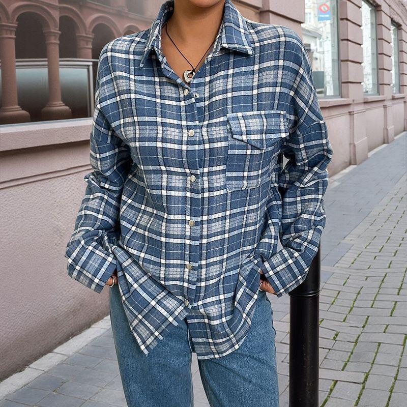 

Fashion Women Blouse Casual Plain Shirt Spring and Autumn Fashion Loose Plaid Shirts Blue XL