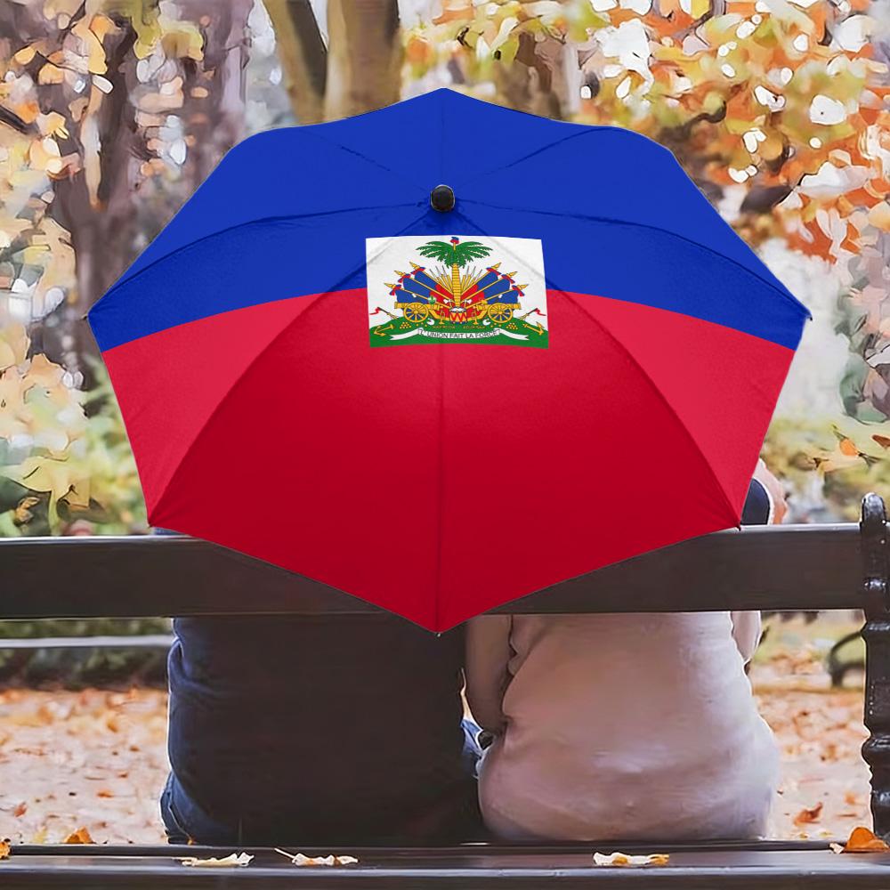 Haiti National Flag Blue Red Stripes Coat Of Arms Print Auto Folding Umbrella Waterproof Windproof Compact Travel Umbrella
