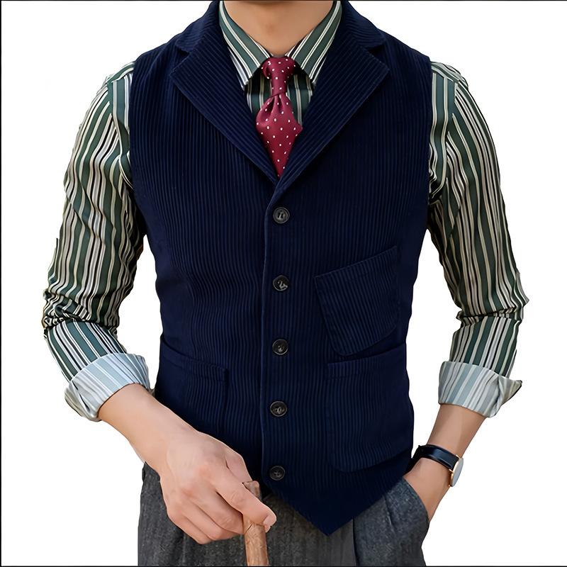 Men's Brown Corduroy Suit Vest Slim Fit Notch Lapel Waistcoat with Pockets