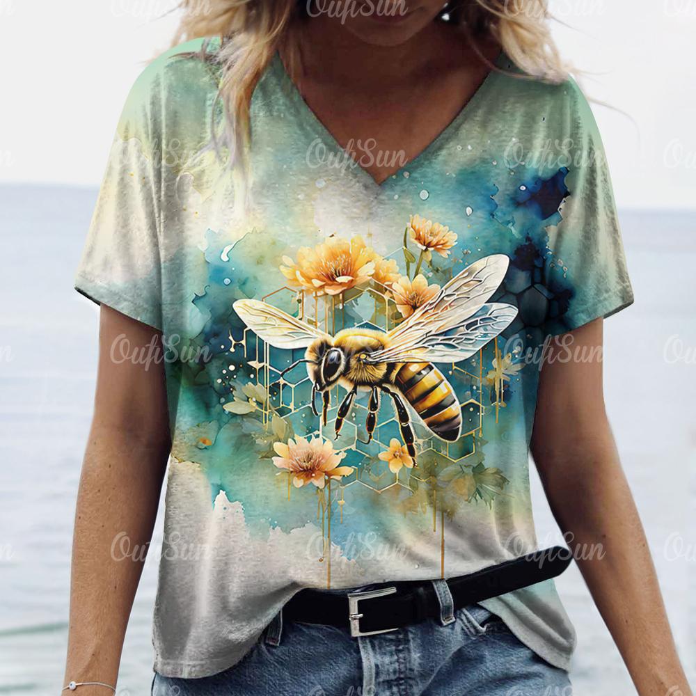 

Летняя женская футболка, винтажные топы с принтом пчелы, природный пейзаж, пуловер с v-образным вырезом и коротким рукавом, свободная повседневная дизайнерская одежда M