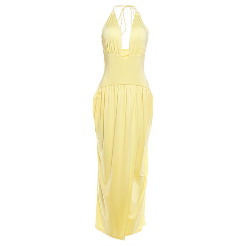 European and American spring new women's clothing solid color temperament slim-fitting deep V neck sleeveless split waist dress women