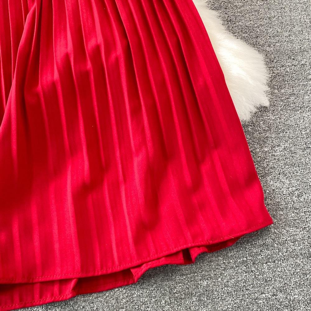 Summer Women's V-neck Short-sleeved Dress Knee-length Slim Temperament Waist Tie Large Swing Pleated Long Dress