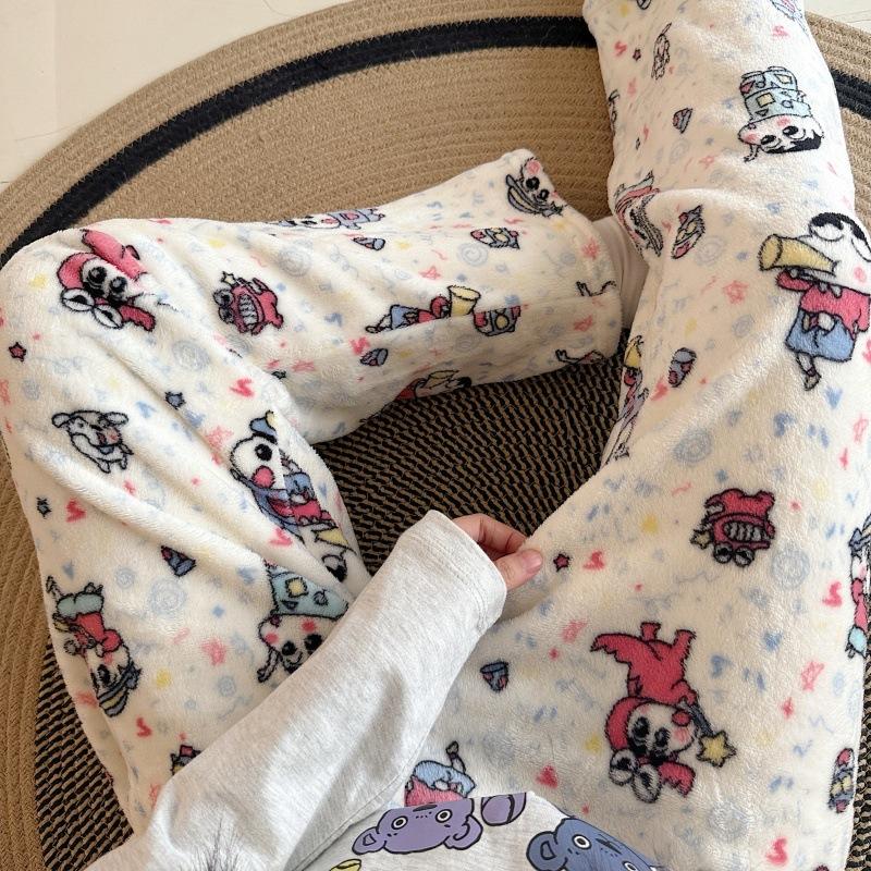 Cartoon Flannel Pajama Pants for Women - Winter Warm Fleece Lounge Pants, Coral Velvet Sleepwear Bottoms for Students, Cozy Home & Outdoor Wear
