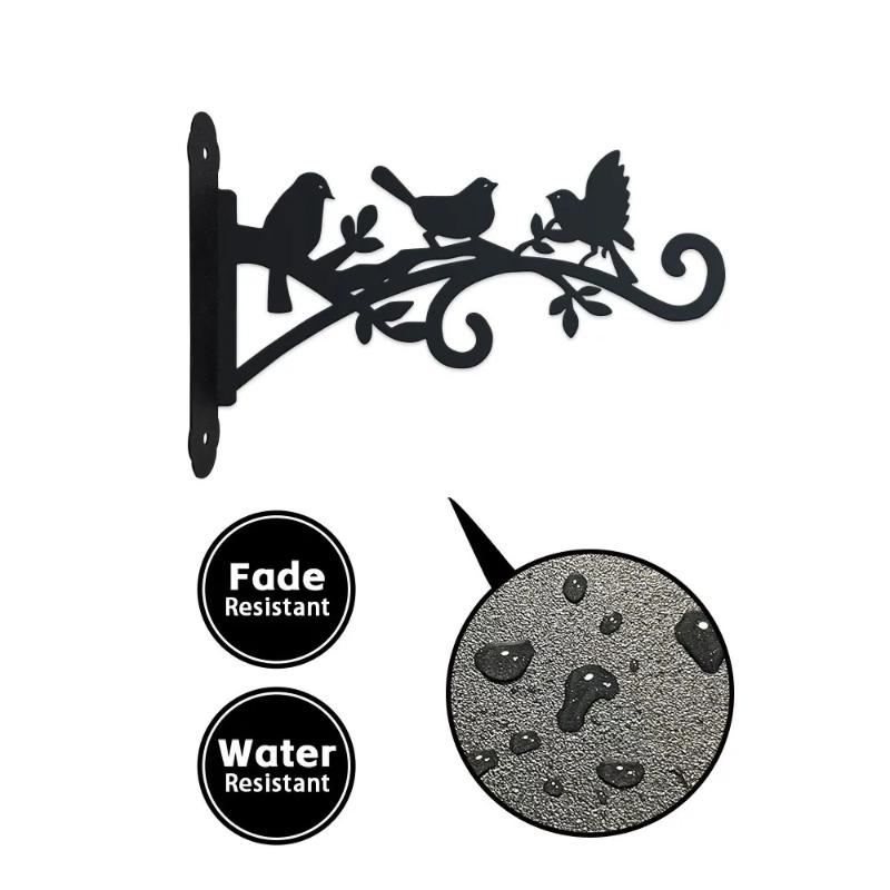 Bird Pattern Flower Basket Holder Wall Mounted Metal Bracket Hanger Rustic Style Wide Base for Outdoor Indoor Garden Yard Street