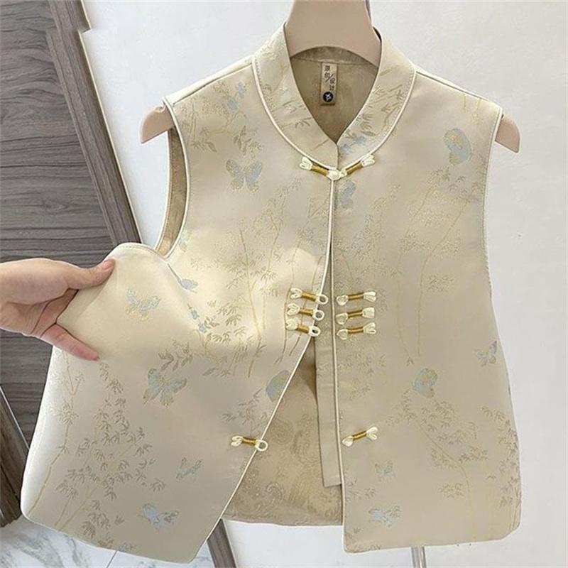 Gilet Giacca Stile Cinese Donna Primavera Autunno Cappotto Senza Maniche Fibbia Vita Sottile Gilet Moda Donna Cardigan